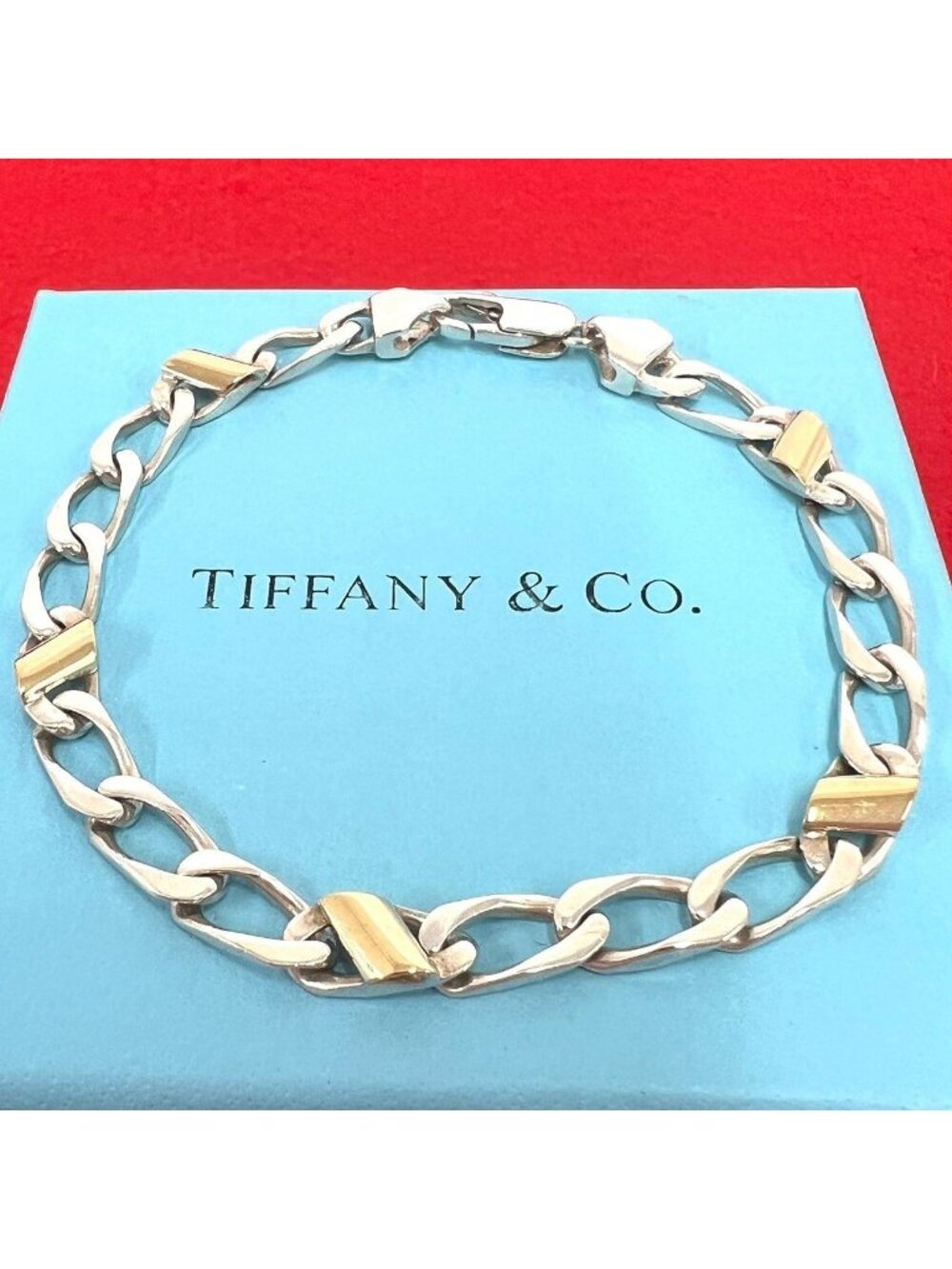 Tiffany & Co Figaro Chain Bracelet Silver Yellow Gold